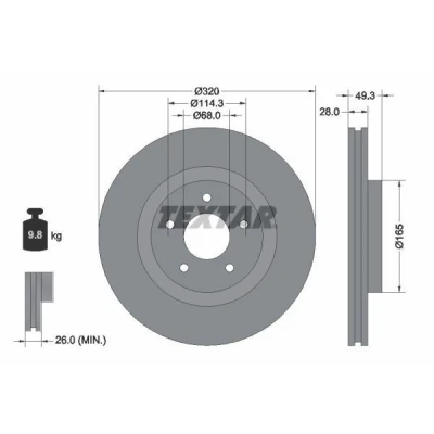 Imagen de TEXTAR 92299403 Disco de freno 320 28 05/05 114,3 ventilación interna revestido sin cojinete rueda, perno sujeción buje rueda