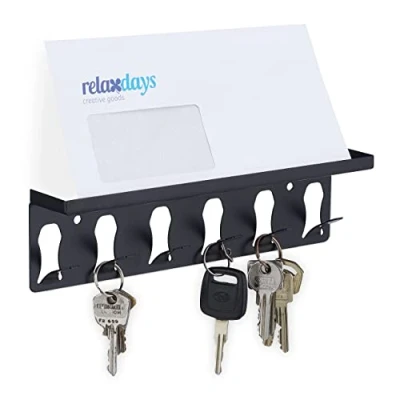 Imagen de Relaxdays Colgador de Llaves, 6 Ganchos y Balda, Diseño Moderno, 7 x 24,5 5 cm, Acero, para Pasillo o Recibidor, Negro