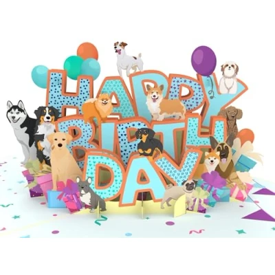 Imagen de MOKIO® Tarjeta de Cumpleaños Pop Up Happy Birthday Perros felicitación 3D para un cumpleaños, como vale o regalos dinero, Perro regalo emergente con sobre