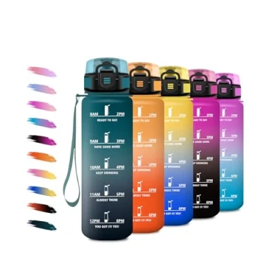 Imagen de Botella Agua 1L, Cantimplora Deportiva con Filtro, Reutilizable, Prueba de Fugas, Marcador Tiempo, para Escuela, Oficina, Cámping, Bicicleta, Correr, Senderismo