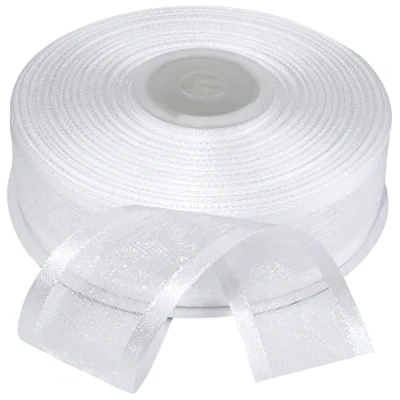 Imagen de AERZETIX C55332 Rollo de cinta gasa con borde raso 25mm x 25m tira embalaje regalos flores pasatiempo creativo decoración boda cumpleaños fiesta color blanco en poliéster