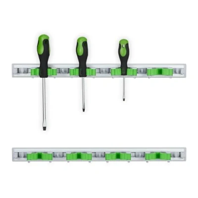 Imagen de Relaxdays Set 2 Colgadores Escobas Pared, Soportes para Colgar 4 Herramientas con Ganchos, Aluminio, Plateado/Verde, x 50 5 cm