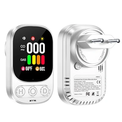 Imagen de Gedsffati Detector de Gas y Monóxido Carbono con Enchufe para Uso Doméstico, Alarma CO, Natural Propano Butano, Mediciones Temperatura Humedad del Aire, Blanco