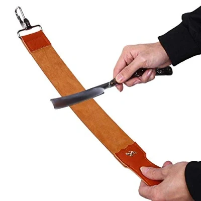 Imagen de Cuero genuino Razor Strop, Afilador de afeitar Afilado la Correa Paddle Strop Doble cara para navaja Cuchillo plegable afeitado
