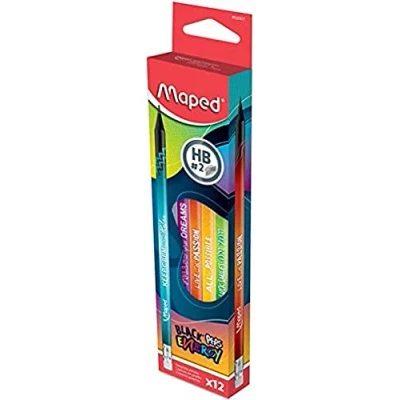 Imagen de Maped 12 lápices de grafito Black&#039;Peps Energy HB punta goma papel negros decorados Mensaje positivo e inspirador Caja 852001 multicolor