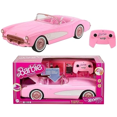 Imagen de Hot Wheels Barbie The Movie Corvette, Coche de Juguete teledirigido con Pilas la película Barbie, Capacidad para Dos muñecas y el Maletero se Abre, +4 años (Mattel HPW40)