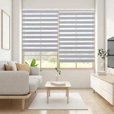 Imagen de Blindecor Lira estor enrollable noche y día, color Gris plata, de 120 x 250 cm (ancho alto). Tamaño la tela 117 245 cm. Estores dia elegantes