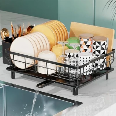 Imagen de LIONONLY Escurridor de Platos,Gran Escurreplatos Acero Inoxidable,Estante Secado Platos con Bandejas Goteo,Portautensilios und Boca Vaciado Giratoria,Escurreplatos sobre Fregadero