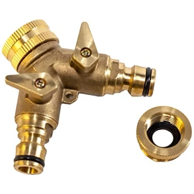 Imagen de UPP conector distribuidor de agua para Manguera y Grifo jardin, 2 vias, 1/2&#039;+3/4&#039; I valvula, llave paso dos vias Adaptador divisor bifurcador doble vía riego (9.5x8x4cm, latón)