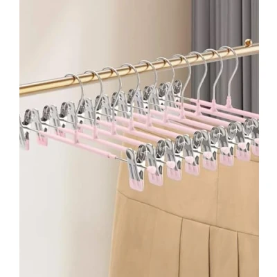 Imagen de 10 perchas con pinzas de 30 cm, para pantalones metal, ahorran espacio, antideslizantes, faldas clips color rosa