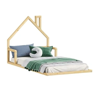 Imagen de IDIMEX Cama infantil ELOA en el suelo 90x200 cm tipo Montessori, cabecera forma de casa, pino macizo natural