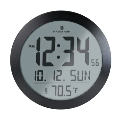 Imagen de Marathon Miami Reloj de Pared Digital Redondo silencioso, termómetro Integrado, Montaje en o Soporte Escritorio, Pantalla Grande, Calendario, Gran número, Color Negro