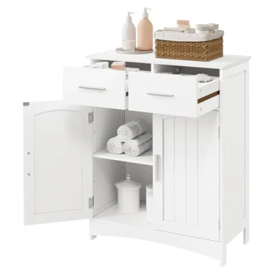 Imagen de EUGAD Armario Baño con 2 Cajones y Puertas, Blanco de Almacenamiento, Mueble Auxiliar Estante Ajustable, Pie MDF, 60x30x76 cm