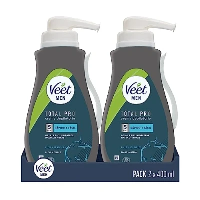 Imagen de Veet Men Crema Depilatoria Masculina para Pecho Espalda Brazos y Piernas, Pieles Sensibles, Color Gris, 400 ml (Paquete de 2)
