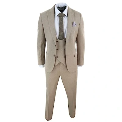 Imagen de Traje de 3 Piezas Lana Marrón. Doble Botonadura, Estilo Peaky Blinders. Pantalón Corto. Camello Regular 50EU Chaqueta, 34W Pantalones