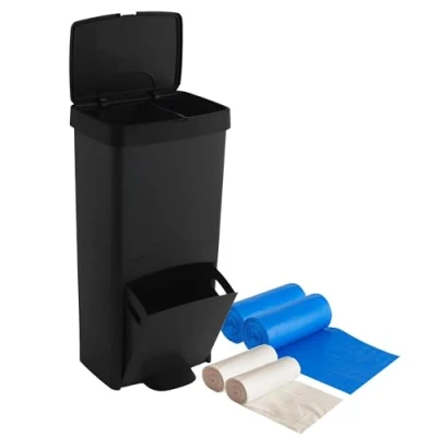 Imagen de Pack Cubo de basura o reciclaje 70L en NEGRO, VERTICAL, 2 Compartimentos, Papelera residuos, 76 cm, INCLUYE bolsas adaptadas 30+10L