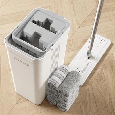 Imagen de JOYMOOP Trapeador y cubo con juego de escurridor, mopa plana para apretar cabeza plana, mopas polvo limpiador pared mango largo, microfibra uso húmedo seco
