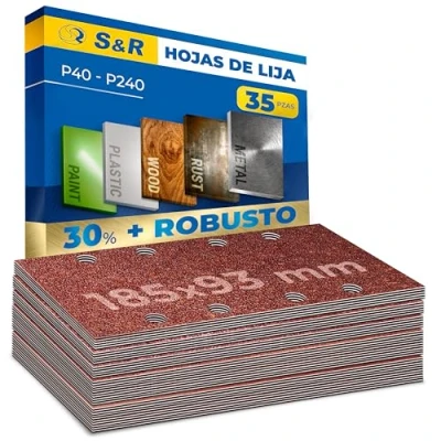 Imagen de S&amp;R Juego de Papel Lija con velcro grano abrasivo profesional 35 Hojas abrasivas 8 orificios 5 x P40 P60 P80 10 P120 P240