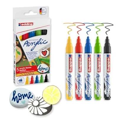 Imagen de edding 5100 marcador acrílico de trazo medio surtido (basico) juego 5 rotuladores acrílicos resistentes al agua punta redonda 2 3 mm pintura acrílica para lienzo, madera y piedra