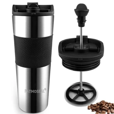 Imagen de PATMOSEAL Taza de viaje aislada al vacío con tapa prensa francesa a prueba fugas, cafetera portátil, 3 tazas para viajar (plata)