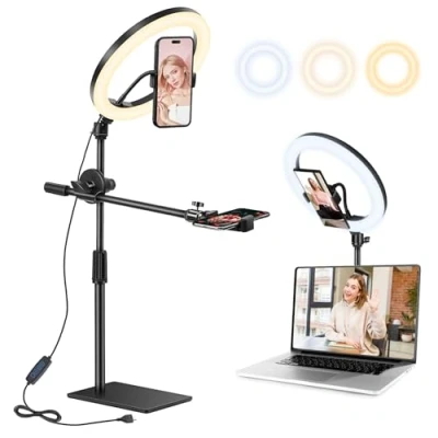 Imagen de Anillo LED 10&quot; con trípode para teléfono y luz suspendida. Regulable, Ideal Videos en Youtube, Selfies, Maquillaje fotografía. Compatible Smartphones.