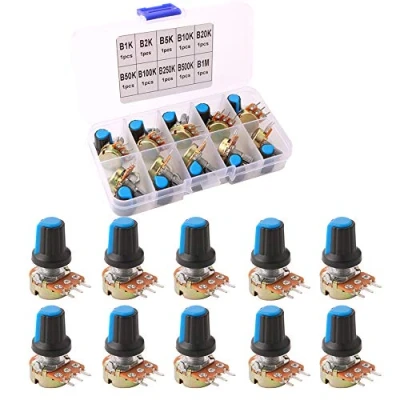 Imagen de FULARR® 10Pcs Premium Lineal Cónico Rotativo Potenciómetro Kit, 3 Terminales B Tipo Estéreo Audio con Perilla, para Arduino (B1K～B1M Ohm)