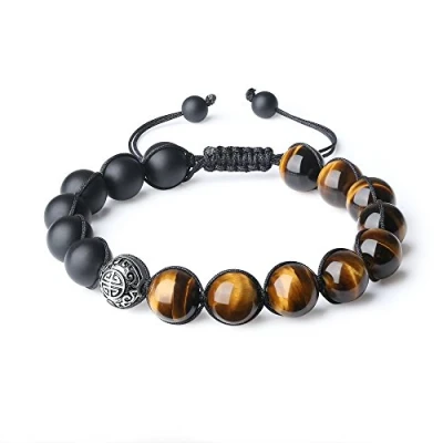 Imagen de COAI Pulsera para Hombre con Amuleto Protector de Shou Cuentas Ónice y Ojo Tigre Piedras Preciosas