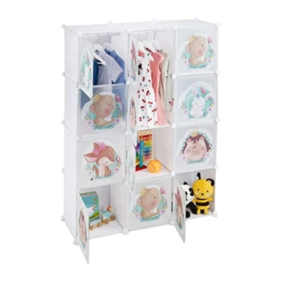 Imagen de Relaxdays Armario Modular Infantil, 2 Rieles Ropa, Puertas con Animales, 145x110x37 cm, DIY, Estantería Cubos, Blanco, Hierro