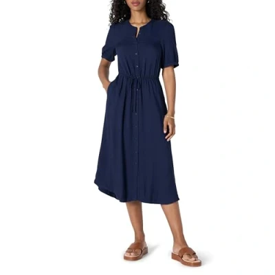 Imagen de Amazon Essentials Vestido evasé Midi Ajustado en la Cintura de Corte Holgado con Media Manga Mujer, Azul Marino, XS