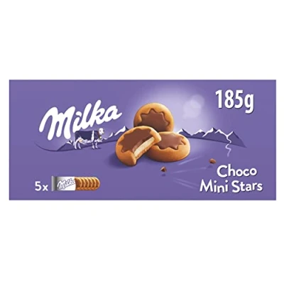 Imagen de Milka Choco Mini Stars Galletas en Forma de Estrella con Relleno Leche y Cubiertas Chocolate los Alpes 185g