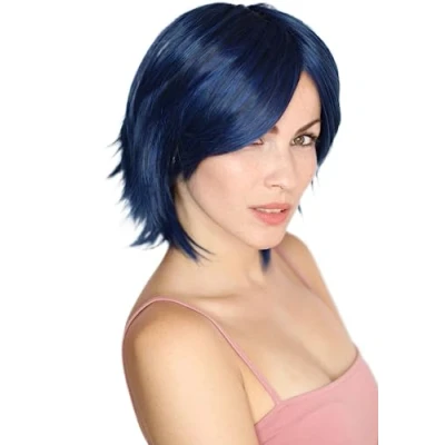 Imagen de Prettyland azul negro peluca corta media larga con flecos natural para hombres y mujeres C1251