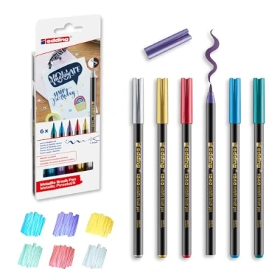 Imagen de edding 1340 rotulador metálico set de 6 rotuladores punta flexible 1 mm con purpurina para escribir, dibujar y hacer bocetos alta opacidad incluso en papel oscuro