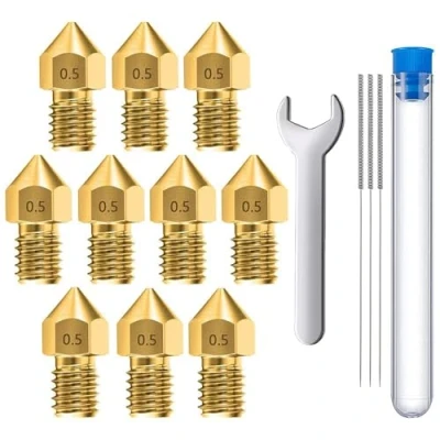 Imagen de MMOBIEL 10 Piezas 0,5 mm Latón MK8 Impresora 3D Boquillas Extrusión Compatible con Creality Ender Serie 3, 5, CR 10/10S, Macurbot, Incl. 3 agujas de limpieza llave