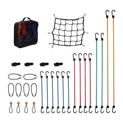 Imagen de Relaxdays Set 30 Pulpos Elásticos, Tensor Equipaje, Clips Lona, Bolsa Transporte, Cuerda Expansor Universal, Multicolor, Caucho, 125 cm
