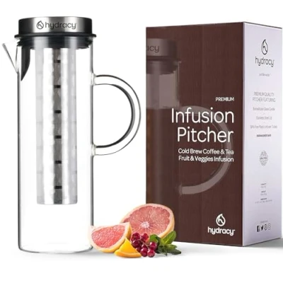 Imagen de Hydracy Cafetera y Tetera Jarra de Vidrio 1,5L Bebidas Frías Calientes Tapa Filtro Acero Inoxidable Tubo Adicional para Infusiones Frutas Apto Lavavajillas
