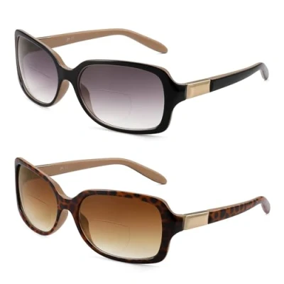 Imagen de JM Clásica Bifocales Gafas de Lectura Cudaradas Elegante Gradiente Sol Lectores Para Mujer (+2.0, Negro + Tortuga)