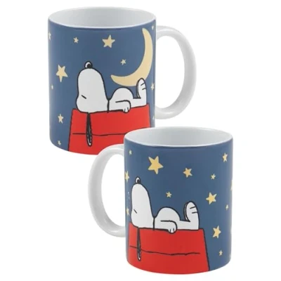 Imagen de The Peanuts Snoopy Taza de café (cerámica, 320 ml), diseño luna y estrellas, color blanco azul