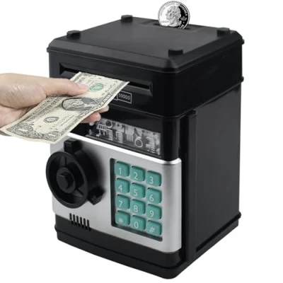 Imagen de HUSAN Hucha electrónica para niños con código electrónico de cerditos, Mini cajero Monedas ATM, Caja Monedas, Juguete Divertido Regalo (Negro)