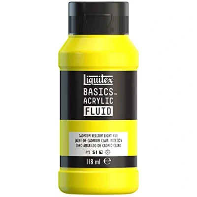 Imagen de Liquitex Basics Fluid Pintura acrílica de consistencia fluida, secado rápido, resistente a la luz, impermeable, acabado satinado permanente, bote 118 ml, tono amarillo cadmio claro