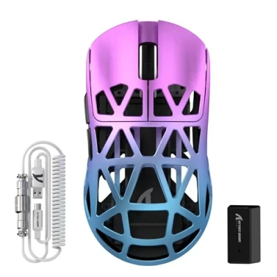 Imagen de ATTACK SHARK R2PRO 45g Superlight Ratón de Aleación Magnesio, Sensor PixArt PAW3950, 42000DPI Ultraligero Mouse, 8000Hz Sondeo inalámbrico, Cableado/2,4G/BT, con Cable en Espiral, PC/Mac, Morado