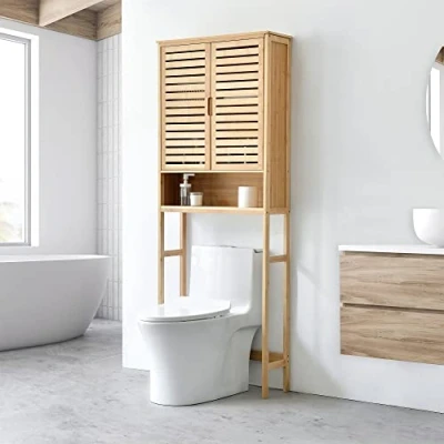 Imagen de [en.casa] Mueble de Baño sobre el Inodoro con Amplio Espacio Almacenaje Armario Alto 2 Puertas y Compartimiento Abierto Bambú 170 x 66 23 cm Natural