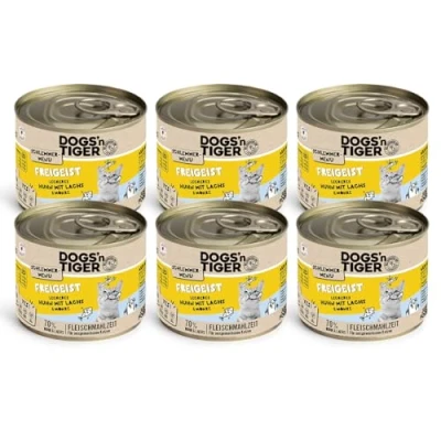 Imagen de Dogs&#039;n Tiger Comida húmeda para Gatos con Pollo, salmón y Zanahorias, sin Cereales, azúcares añadidos, conservantes Artificiales, compatibilidad óptima, 200 g (6 Unidades)