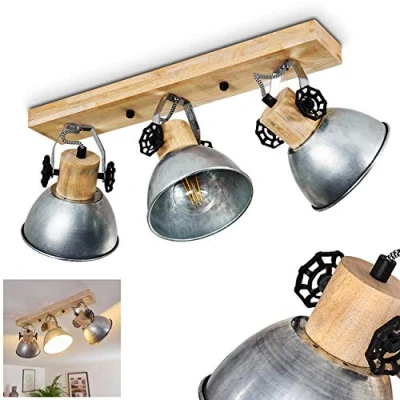 Imagen de lámpara de techo Orny, metal/madera en cinc/marrón, 3 luces, con focos ajustables, x casquillo E27, foco diseño retro/vintage, sin bombilla(s)