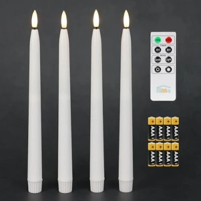 Imagen de Fanna velas cónicas sin llama con temporizador, que funcionan pilas, acabado de cera real, control remoto y pilas incluidas, juego 4 (blanco)