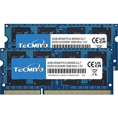 Imagen de TECMIYO 8GB DDR3 RAM (2x4GB) PC3 8500 1066MHz Sodimm Memory 8500S CL7 204 Pin 1.5V 2RX8 Dual Rank Non ECC Unbuffered Laptop
