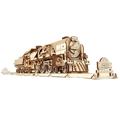 Imagen de UGEARS V Express Steam Train with Tender Rompecabezas de Regalo para el día del Padre Adultos Kits Modelo Madera 3D y Adolescentes Kit construcción