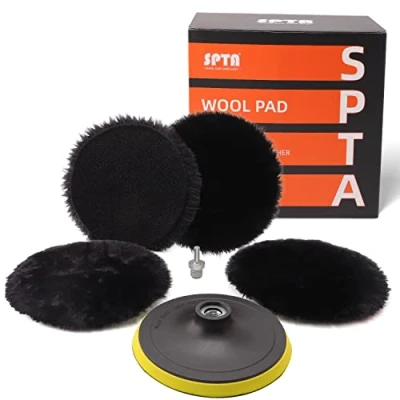 Imagen de lana para Pulir, SPTA (diámetro 150 mm) Kit de almohadillas pulido cordero adhesivo Juego Funda Pulidora autoadherente coche Máquina Limpieza
