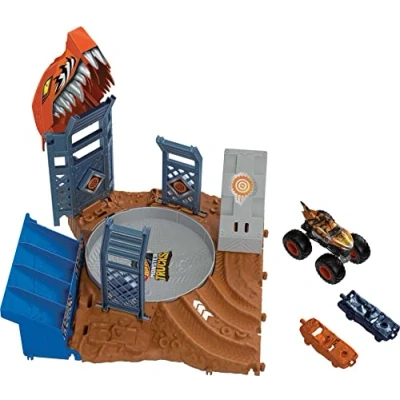 Imagen de Hot Wheels Monster Trucks Arena World Reto de los Donuts Tiger Shark Pista para Coches Juguete, +3 años (Mattel HNB93)