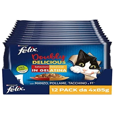 Imagen de Purina Felix Le Ghiottonerie Doubly Delicious Comida húmeda para Gatos con Tanzana y Aves de Corral, Pavo hígado, 48 Bolsas 85 g Cada una