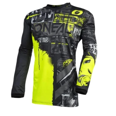 Imagen de O&#039;Neal Camiseta de Motocross Manga Larga MX Enduro Protección Acolchada para los Codos, Cuello en V, Transpirable Element Ride Hombres Adultos Negro Amarillo Neón Talla S